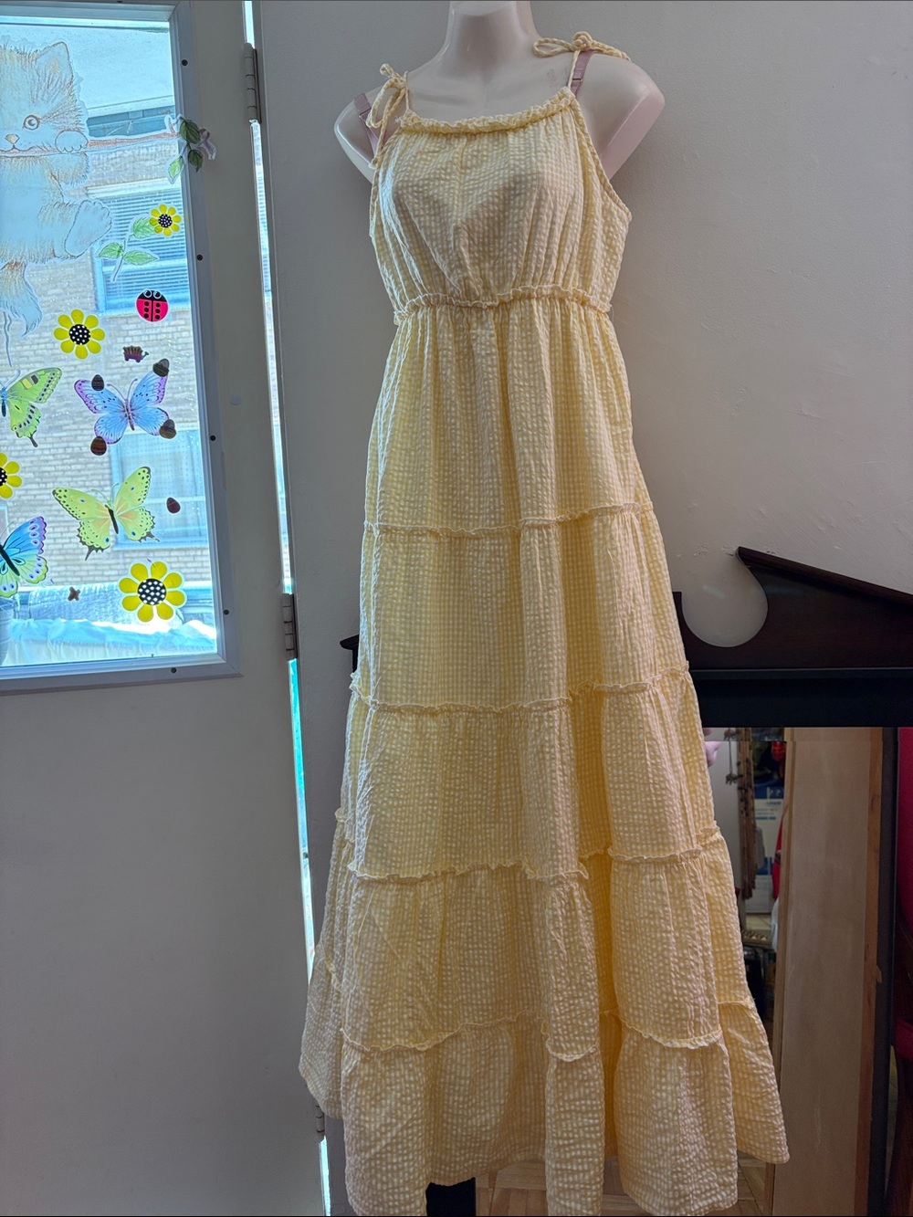 Jessica Simpson Pale Yellow Tiered Maxi Dress with Tie Straps